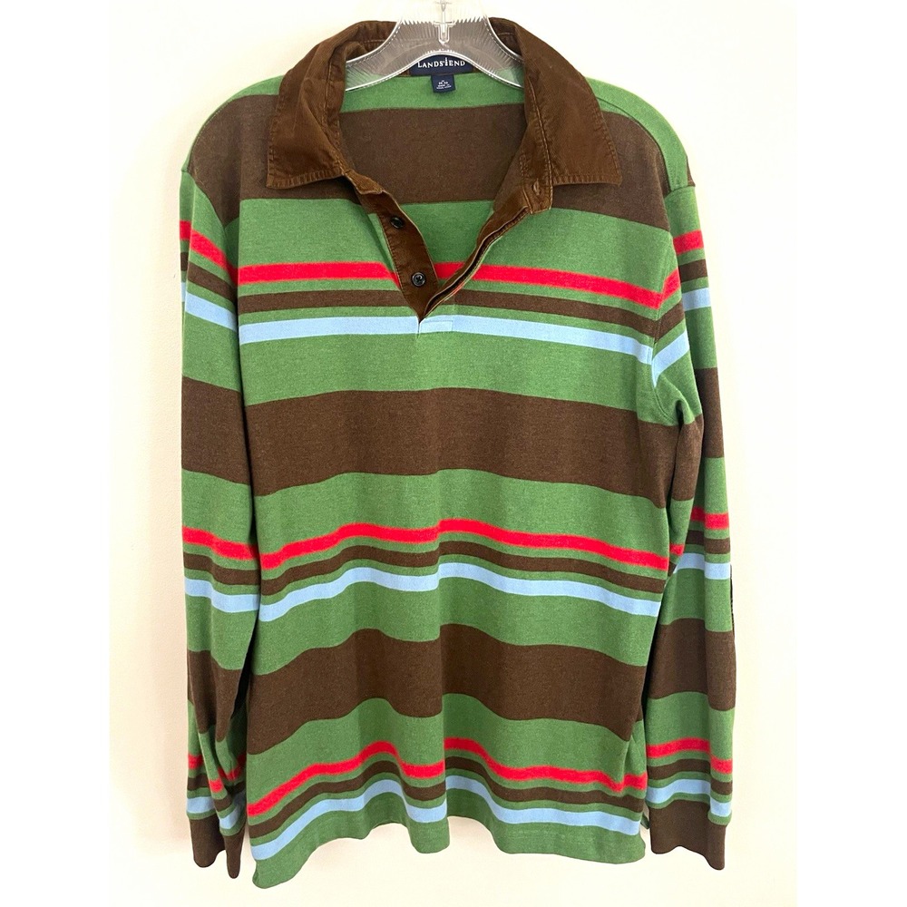 Vintage 90s Lands' End Striped Rugby Shirt Mens M 38-40 Long Sleeve Green Brown